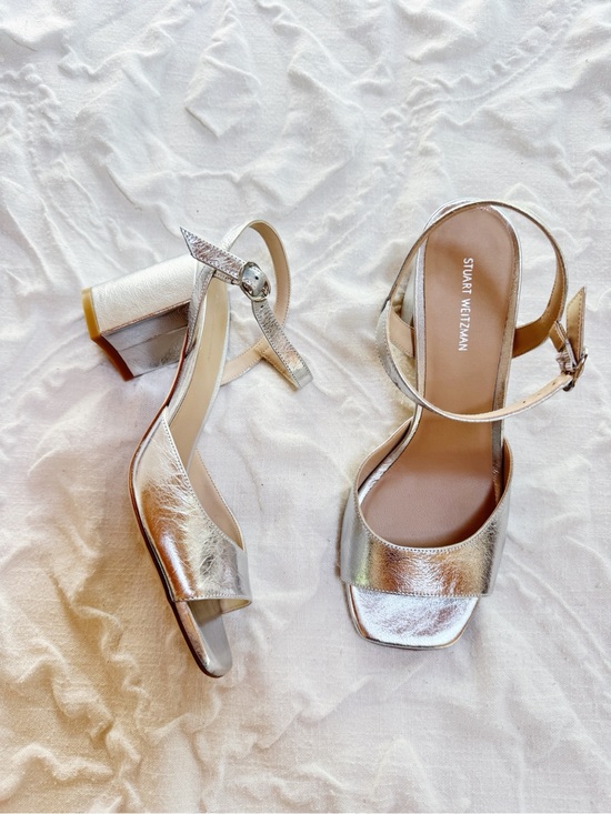 Stuart Weitzman Shoes - Stuart Weitzman Silver Metallic Tia 75MM Leather Sandals Size 8.5
